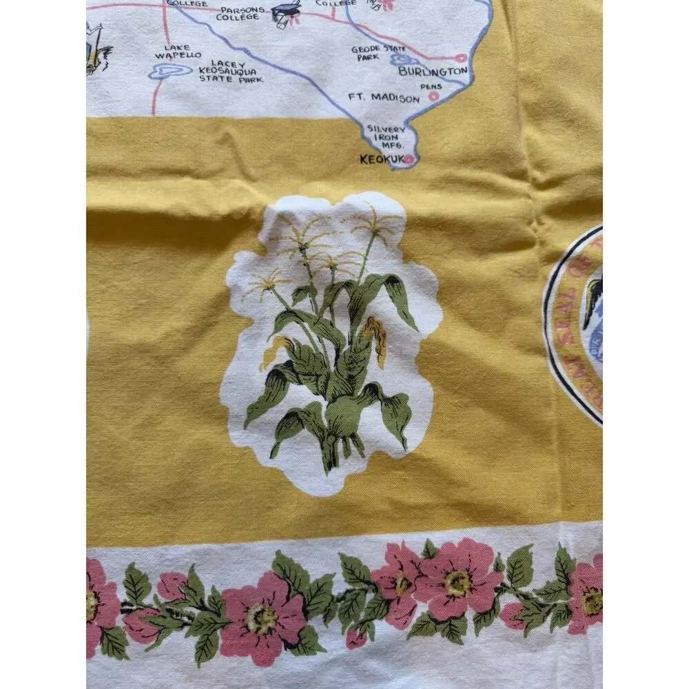 Vintage Iowa State Souvenir Tablecloth 44” Square Hawkeye State Map Cotton 60s